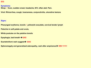 S/S:   Symptoms: Strep:  ↑  fever, sudden onset, headache, N/V, often abd. Pain.  Viral: Rhinorrhea, cough, hoarseness, conjunctivitis, ulcerative lesions  Signs:   Pharyngeal erythema, tonsils  ↑  yellowish   exsudate, cervical tender lymph  Petechia in soft palate and uvula,  White pustules on the palatine tonsils Dysphagia, bad breath   GAS Scarletiniform rash suggest    GAS  Splenomegaly and generalized adenopathy, rash after ampi/amox    EBV !!!!!!! 