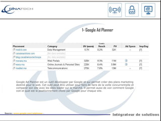 Google Ad Planner est un outil développer par Google et qui permet  créer des plans marketing destiné pour le web . Cet outil peut être utiliser pour faire de  faire de la veille concurrentielle et comparer son site avec les sites leader sur le marché. Il permet aussi de voir comment Google voit et quel est le positionnement choisi par Google pour chaque site. 1- Google Ad Planner Source :  www.google.com/adplanner   . 
