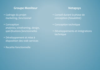 Groupe Moniteur 
• Cadrage du projet 
marketing, fonctionnel 
• Conception 
analytics, wireframing, design, 
spécifications fonctionnelles 
• Développement et mise à 
disposition des web services 
• Recette fonctionnelle 
Netapsys 
• Conseil durant la phase de 
conception (faisabilité) 
• Conception technique 
• Développements et intégrations 
technique 
 