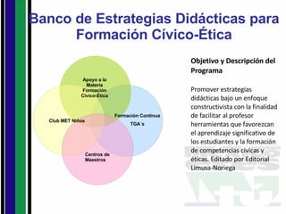 Banco de Estrategias Didácticas para Formación Cívico-Ética Apoyo a la Materia Formación Cívico-Ética Club MET Niños Formación Continua TGA´s Centros de Maestros Objetivo y Descripción del Programa Promover estrategias didácticas bajo un enfoque constructivista con la finalidad de facilitar al profesor herramientas que favorezcan el aprendizaje significativo de los estudiantes y la formación de competencias cívicas y éticas. Editado por Editorial Limusa-Noriega 