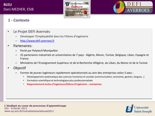 BLEU
Dani MEZHER, ESIB

  1 - Contexte

  •   Le Projet DEFI Averroès
       –   Développer l'Employabilité dans les Filières d'Ingénierie
       –   http://www.defi-averroes.fr
  •   Partenaires:
       –   Porté par Polytech'Montpellier
       –   25 partenaires industriels et universitaires de 7 pays : Algérie, Maroc, Tunisie, Belgique, Liban, Espagne et
           France.
       –   Ministères de l’Enseignement Supérieur et de la Recherche d’Algérie, du Liban, du Maroc et de la Tunisie
  •   Objectif
       –   Former de jeunes ingénieurs rapidement opérationnels au sein des entreprises selon 3 axes :
             •   Développement systématique des sciences humaines et sociales (communication, économie, gestion, langues…)
             •   Formation scientifique et technologique plus professionnalisée
             •   Rapprochement écoles d’ingénieurs/filières d’ingénierie – entreprises
 