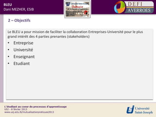 BLEU
Dani MEZHER, ESIB

  2 – Objectifs

  Le BLEU a pour mission de faciliter la collaboration Entreprises-Université pour le plus
  grand intérêt des 4 parties prenantes (stakeholders)
  •   Entreprise
  •   Université
  •   Enseignant
  •   Etudiant
 