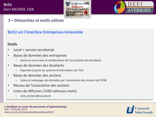 BLEU
Dani MEZHER, ESIB

  3 – Démarches et outils utilisés

  BLEU est l'interface Entreprises-Université

  Outils
  • Local + service secrétariat
  • Bases de données des entreprises
       –   Saisie en cours avec la collaboration de l'association des étudiants
  •   Bases de données des étudiants
       –   Exportée à partir du système d'information de l'USJ
  •   Bases de données des anciens
       –   Saisie et nettoyage des données par l'association des anciens de l'ESIB
  •   Réseau de l'association des anciens
  •   Listes de diffusion (1583 adresses mails)
       –   esib_anciens@usj.edu.lb
 