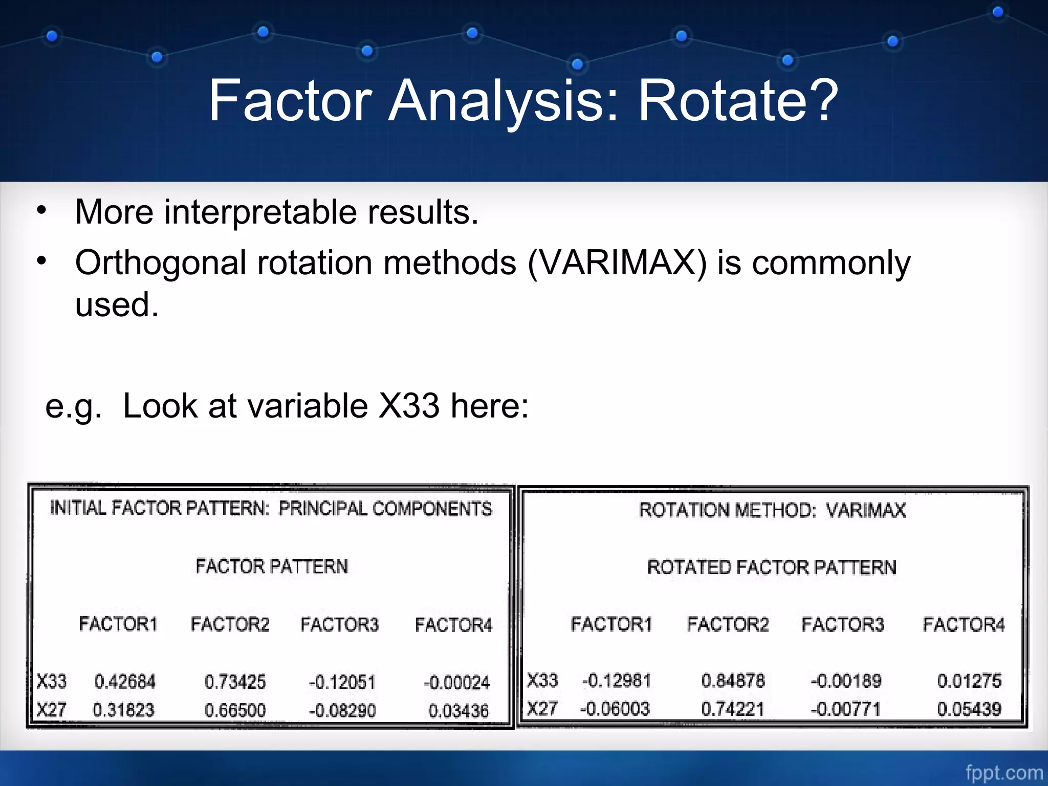 Factor Analysis: Rotate?
• More interpretable results.
• Orthogonal rotation methods (VARIMAX) is commonly
used.
e.g. Look at variable X33 here:
 