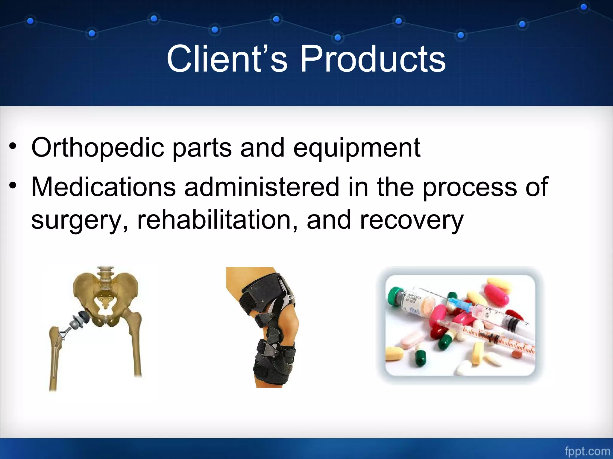 Client’s Products
• Orthopedic parts and equipment
• Medications administered in the process of
surgery, rehabilitation, and recovery
 