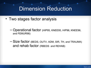 Dimension Reduction
• Two stages factor analysis
– Operational factor (HIP95, KNEE95, HIP96, KNEE96,
and FEMUR96)
– Size factor (BEDS, OUTV, ADM, SIR, TH, and TRAUMA)
and rehab factor (RBEDS and REHAB)
 