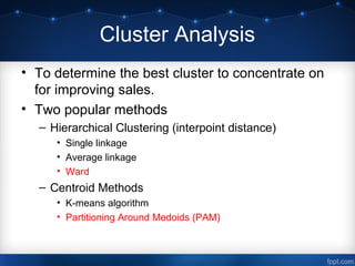 Cluster Analysis
• To determine the best cluster to concentrate on
for improving sales.
• Two popular methods
– Hierarchical Clustering (interpoint distance)
• Single linkage
• Average linkage
• Ward
– Centroid Methods
• K-means algorithm
• Partitioning Around Medoids (PAM)
 