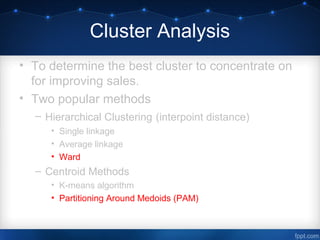 Cluster Analysis
• To determine the best cluster to concentrate on
for improving sales.
• Two popular methods
– Hierarchical Clustering (interpoint distance)
• Single linkage
• Average linkage
• Ward
– Centroid Methods
• K-means algorithm
• Partitioning Around Medoids (PAM)
 