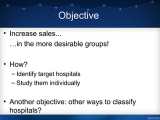 Objective
• Increase sales...
…in the more desirable groups!
• How?
– Identify target hospitals
– Study them individually
• Another objective: other ways to classify
hospitals?
 