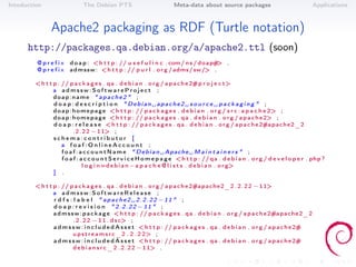 Intoduction                   The Debian PTS                            Meta-data about source packages                                 Applications



                Apache2 packaging as RDF (Turtle notation)
      http://packages.qa.debian.org/a/apache2.ttl (soon)
         @ p r e f i x d o a p : < h t t p : // u s e f u l i n c . com/ n s / doap# .
                                                                                     >
         @ p r e f i x a d m s s w : < h t t p : // p u r l . o r g / adms / sw /> .

         < h t t p : // p a c k a g e s . qa . d e b i a n . o r g / a p a c h e 2#p r o j e c t>
                 a admssw:SoftwareProject ;
                 doap:name " apache2 " ;
                 d o a p : d e s c r i p t i o n " Debian ␣ apache2 ␣ s o u r c e ␣ packaging " ;
                 d o a p : h o m e p a g e < h t t p : // p a c k a g e s . d e b i a n . o r g / s r c : a p a c h e 2> ;
                 d o a p : h o m e p a g e < h t t p : // p a c k a g e s . qa . d e b i a n . o r g / a p a c h e 2> ;
                 d o a p : r e l e a s e < h t t p : // p a c k a g e s . qa . d e b i a n . o r g / a p a c h e 2#apache2_2
                           . 2 . 2 2 − 1 1> ;
                 schema:contributor [
                     a foaf:OnlineAccount ;
                     f o a f : a c c o u n t N a m e " D e b i a n ␣ Apache ␣ M a i n t a i n e r s " ;
                     f o a f : a c c o u n t S e r v i c e H o m e p a g e < h t t p : // qa . d e b i a n . o r g / d e v e l o p e r . php ?
                                l o g i n=d e b i a n −a p a c h e @ l i s t s . d e b i a n . o r g>
                 ] .

         < h t t p : // p a c k a g e s . qa . d e b i a n . o r g / a p a c h e 2#apache2_2 . 2 . 2 2 − 1 1>
                 a admssw:SoftwareRelease ;
                 r d f s : l a b e l " apache2 ␣ 2.2.22 −11 " ;
                 d o a p : r e v i s i o n " 2.2.22 −11 " ;
                 a d m s s w : p a c k a g e < h t t p : // p a c k a g e s . qa . d e b i a n . o r g / a p a c h e 2#apache2_2
                          . 2 . 2 2 − 1 1 . d s c> ;
                 a d m s s w : i n c l u d e d A s s e t < h t t p : // p a c k a g e s . qa . d e b i a n . o r g / a p a c h e 2#
                          u p s t r e a m s r c _ 2 . 2 . 2 2> ;
                 a d m s s w : i n c l u d e d A s s e t < h t t p : // p a c k a g e s . qa . d e b i a n . o r g / a p a c h e 2#
                           d e b i a n s r c _ 2 . 2 . 2 2 − 1 1> .
 