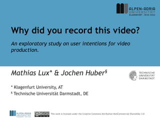 Why did you record this video?
An exploratory study on user intentions for video
production.



Mathias Lux* & Jochen Hube...