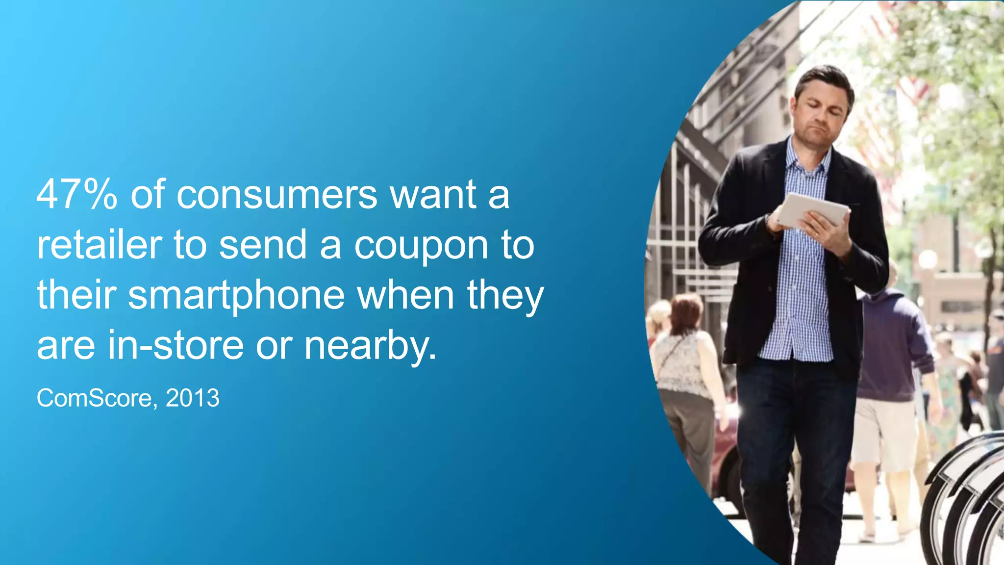 47% of consumers want a
retailer to send a coupon to
their smartphone when they
are in-store or nearby.
ComScore, 2013
 