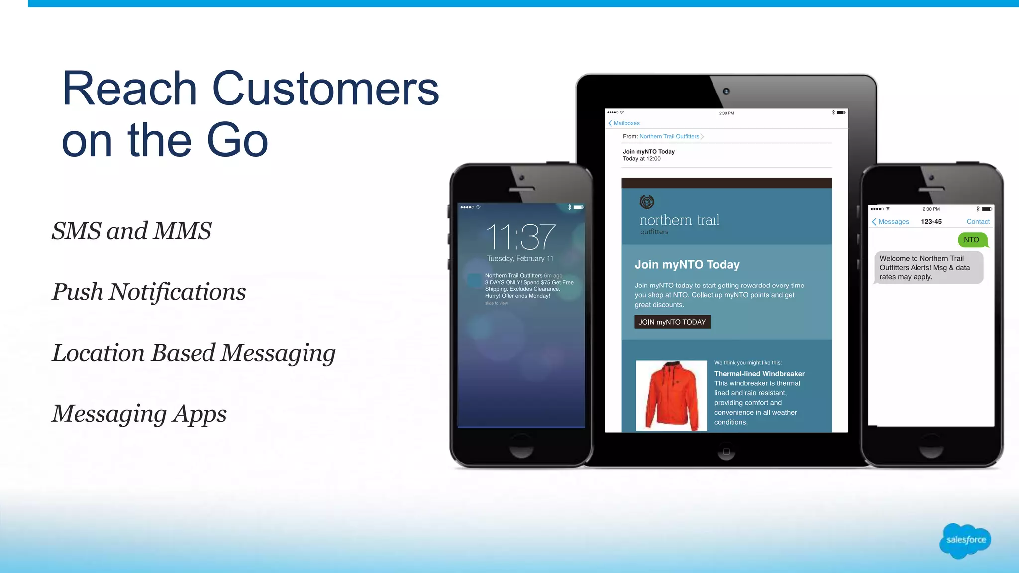 SMS and MMS
Push Notifications
Location Based Messaging
Messaging Apps
Reach Customers
on the Go
 