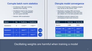 23
Network Bits Pre-BN Acc. Post-BN Acc.
MobileNetV2 8 71.79 0.07
71.89 0.05
MobileNetV2 4 68.99 0.44
71.01 0.05
MobileNetV2 3 64.97 1.23
69.50 0.04
Method Train Loss Val. Acc. (%)
Baseline 1.3566 69.50
SR (mean + std) 1.3547 0.0053
69.58 0.09
SR (best) 1.3391 69.85
AdaRound 1.3070 70.12
+2.02
+4.53
Corrupts batch norm statistics
• At inference, BN uses running
statistics from training
• Oscillations lead to big changes
in statistics -> running statistics
are not a good estimate
• Solution: BN re-estimation
Disrupts model convergence
• At the end of training, oscillating weights
may not be on the correct ‘side’
• Stochastic rounding (SR) and binary
optimization (AdaRound) show that they
are indeed not in the best possible state.
• Oscillations prevent network from
converging to best local minimum
Oscillating weights are harmful when training a model
23
 