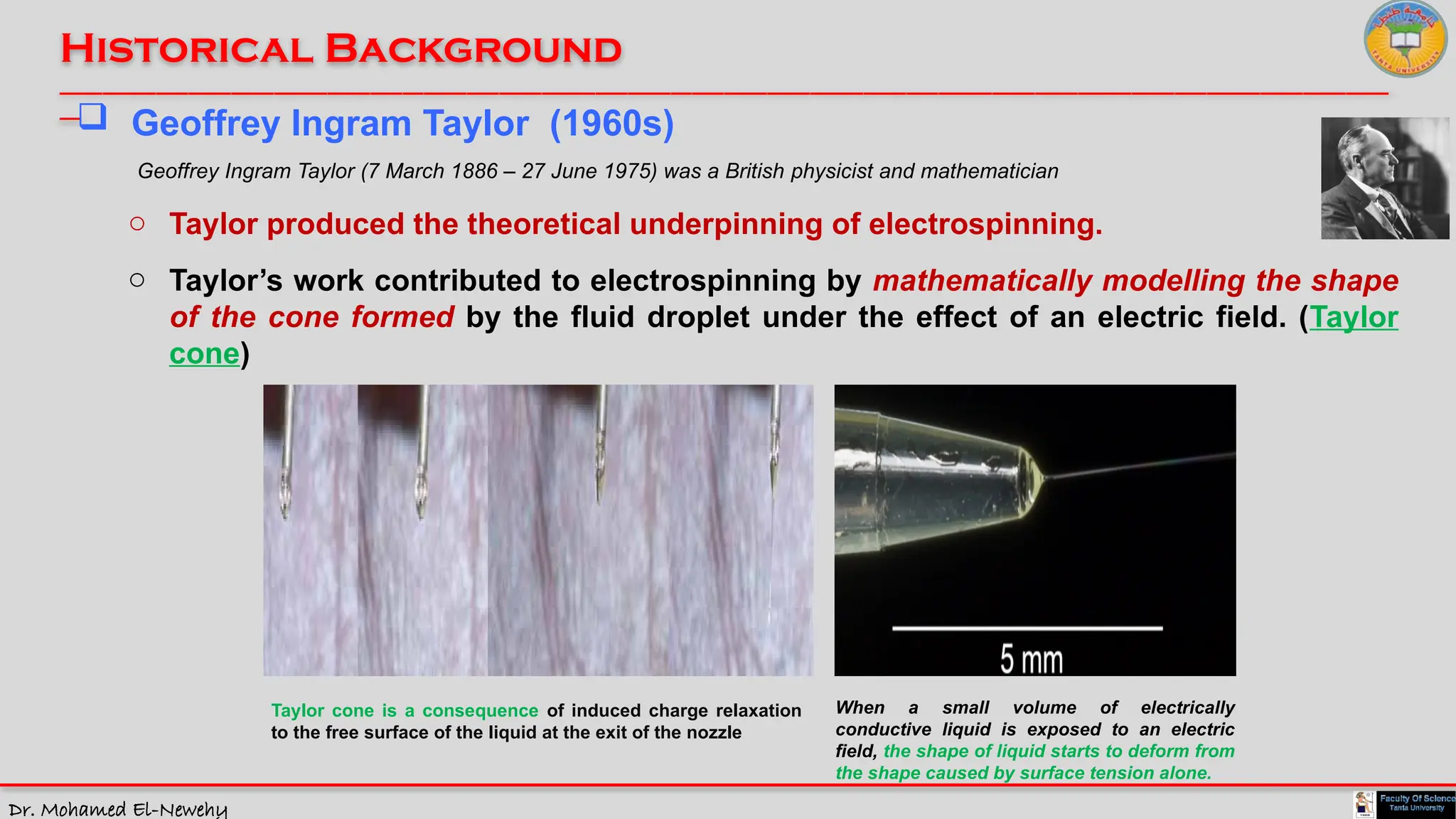 Dr. Mohamed El-Newehy
Historical Background
____________________________________________________________________________________________________________________________
__
 Geoffrey Ingram Taylor (1960s)
o Taylor produced the theoretical underpinning of electrospinning.
Geoffrey Ingram Taylor (7 March 1886 – 27 June 1975) was a British physicist and mathematician
o Taylor’s work contributed to electrospinning by mathematically modelling the shape
of the cone formed by the fluid droplet under the effect of an electric field. (Taylor
cone)
When a small volume of electrically
conductive liquid is exposed to an electric
field, the shape of liquid starts to deform from
the shape caused by surface tension alone.
Taylor cone is a consequence of induced charge relaxation
to the free surface of the liquid at the exit of the nozzle
 