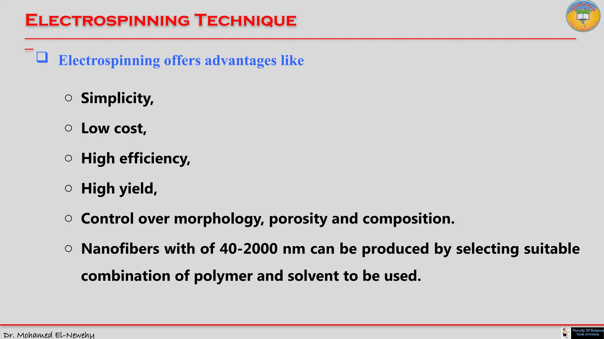Dr. Mohamed El-Newehy
Electrospinning Technique
____________________________________________________________________________________________________________________________
__
 Electrospinning offers advantages like
o Simplicity,
o Low cost,
o High efficiency,
o High yield,
o Control over morphology, porosity and composition.
o Nanofibers with of 40-2000 nm can be produced by selecting suitable
combination of polymer and solvent to be used.
 
