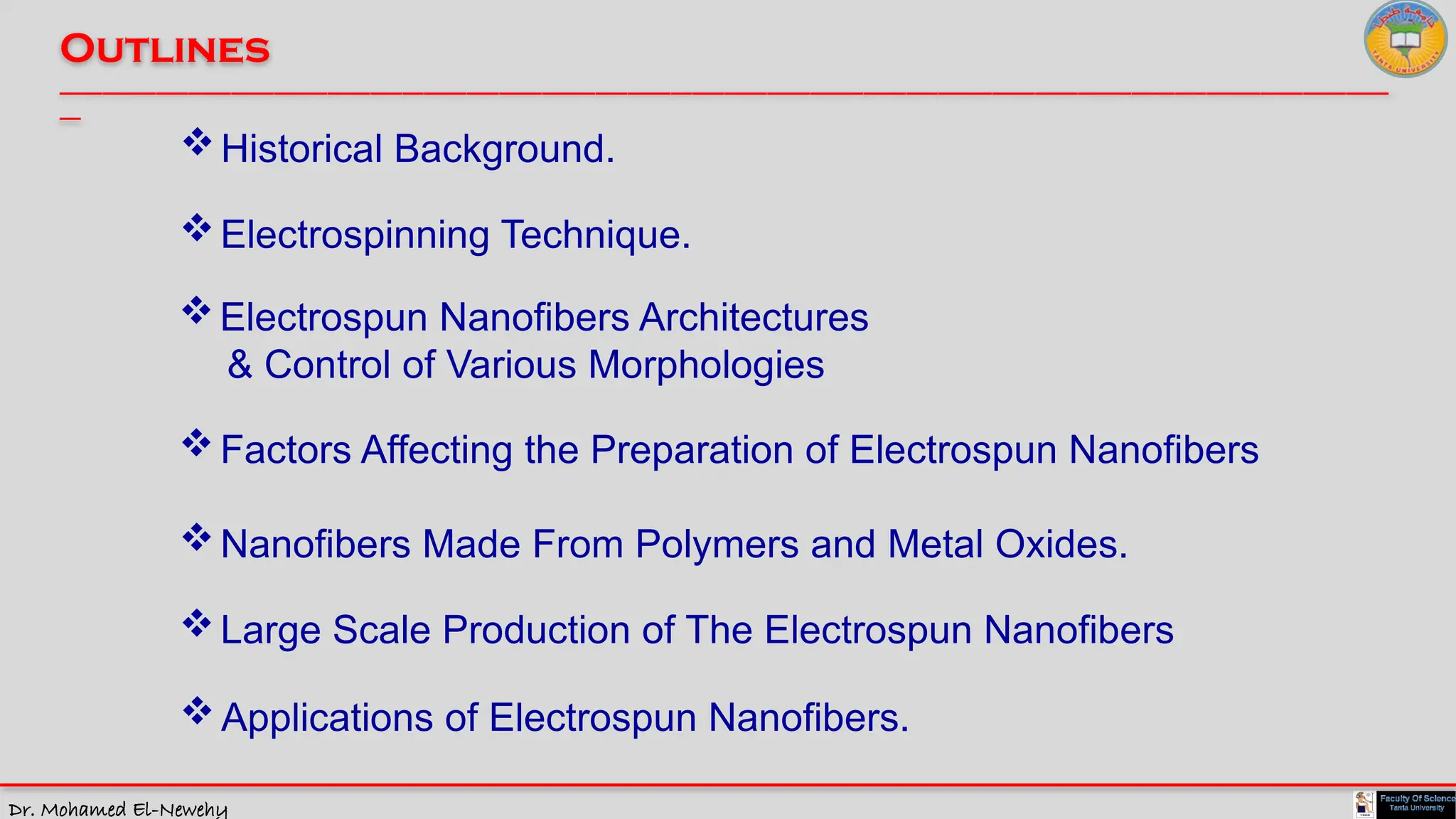 Dr. Mohamed El-Newehy
Outlines
____________________________________________________________________________________________________________________________
__
Electrospinning Technique.
Nanofibers Made From Polymers and Metal Oxides.
Factors Affecting the Preparation of Electrospun Nanofibers
Large Scale Production of The Electrospun Nanofibers
Applications of Electrospun Nanofibers.
Historical Background.
Electrospun Nanofibers Architectures
& Control of Various Morphologies
 