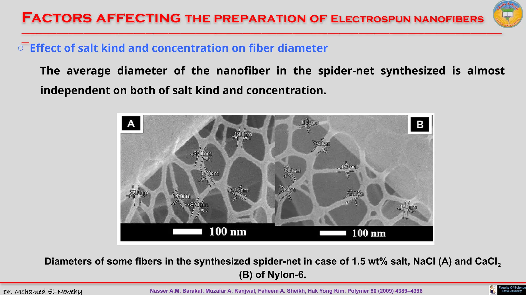 Dr. Mohamed El-Newehy
Factors affecting the preparation of Electrospun nanofibers
____________________________________________________________________________________________________________________________
__
Diameters of some fibers in the synthesized spider-net in case of 1.5 wt% salt, NaCl (A) and CaCl2
(B) of Nylon-6.
o Effect of salt kind and concentration on fiber diameter
The average diameter of the nanofiber in the spider-net synthesized is almost
independent on both of salt kind and concentration.
Nasser A.M. Barakat, Muzafar A. Kanjwal, Faheem A. Sheikh, Hak Yong Kim. Polymer 50 (2009) 4389–4396
 