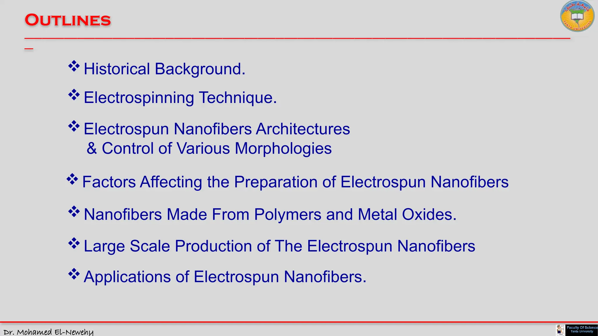 Dr. Mohamed El-Newehy
Outlines
____________________________________________________________________________________________________________________________
__
Electrospinning Technique.
Nanofibers Made From Polymers and Metal Oxides.
Factors Affecting the Preparation of Electrospun Nanofibers
Large Scale Production of The Electrospun Nanofibers
Applications of Electrospun Nanofibers.
Historical Background.
Electrospun Nanofibers Architectures
& Control of Various Morphologies
 