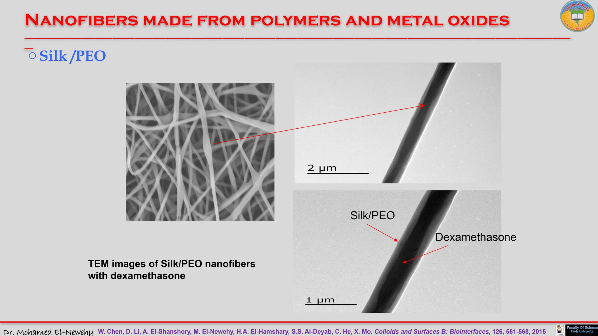 Dr. Mohamed El-Newehy
Nanofibers made from polymers and metal oxides
____________________________________________________________________________________________________________________________
__
oSilk /PEO
Silk/PEO
Dexamethasone
TEM images of Silk/PEO nanofibers
with dexamethasone
W. Chen, D. Li, A. EI-Shanshory, M. El-Newehy, H.A. EI-Hamshary, S.S. Al-Deyab, C. He, X. Mo. Colloids and Surfaces B: Biointerfaces, 126, 561-568, 2015
 