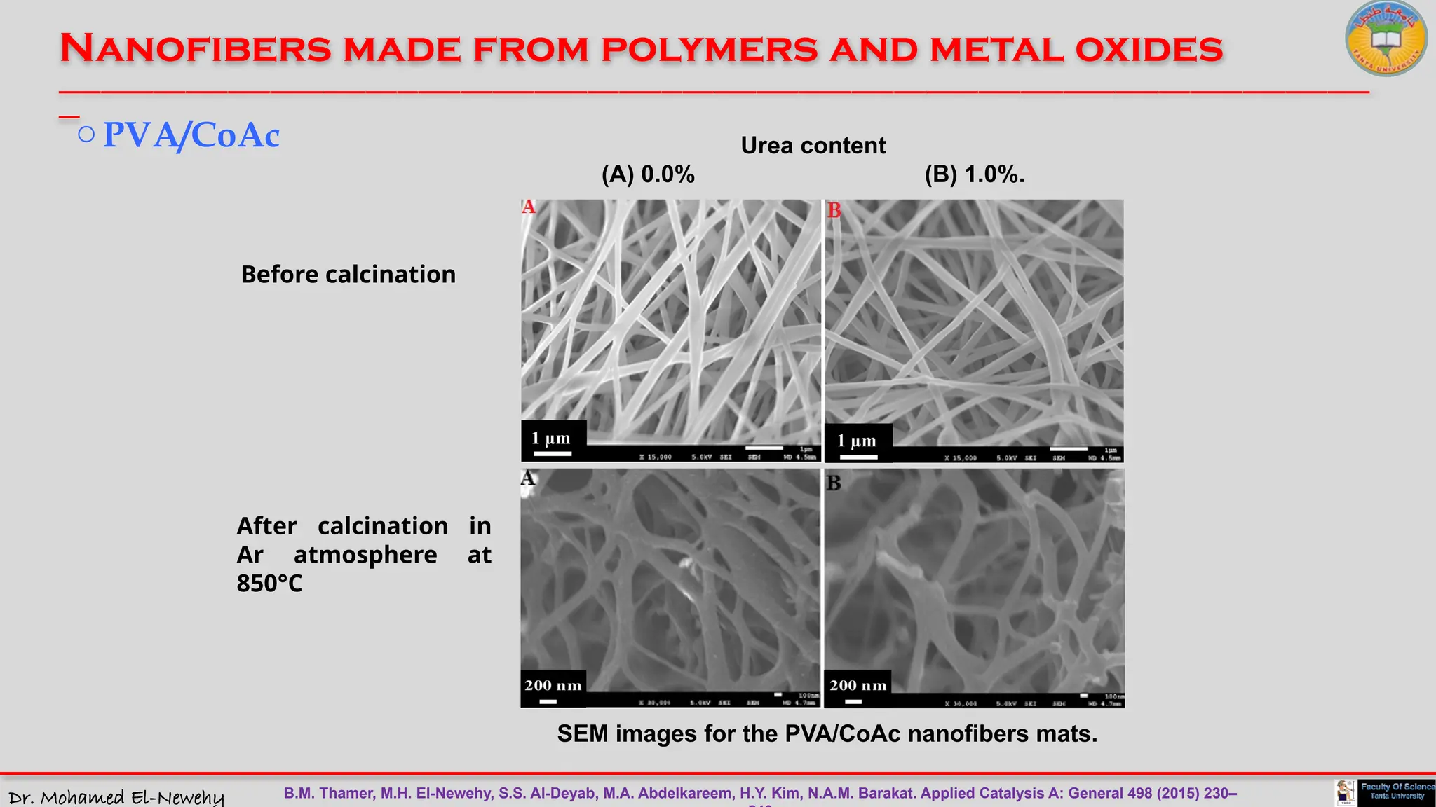 Dr. Mohamed El-Newehy
Nanofibers made from polymers and metal oxides
____________________________________________________________________________________________________________________________
__
oPVA/CoAc
SEM images for the PVA/CoAc nanofibers mats.
B.M. Thamer, M.H. El-Newehy, S.S. Al-Deyab, M.A. Abdelkareem, H.Y. Kim, N.A.M. Barakat. Applied Catalysis A: General 498 (2015) 230–
After calcination in
Ar atmosphere at
850°C
Before calcination
Urea content
(A) 0.0% (B) 1.0%.
 