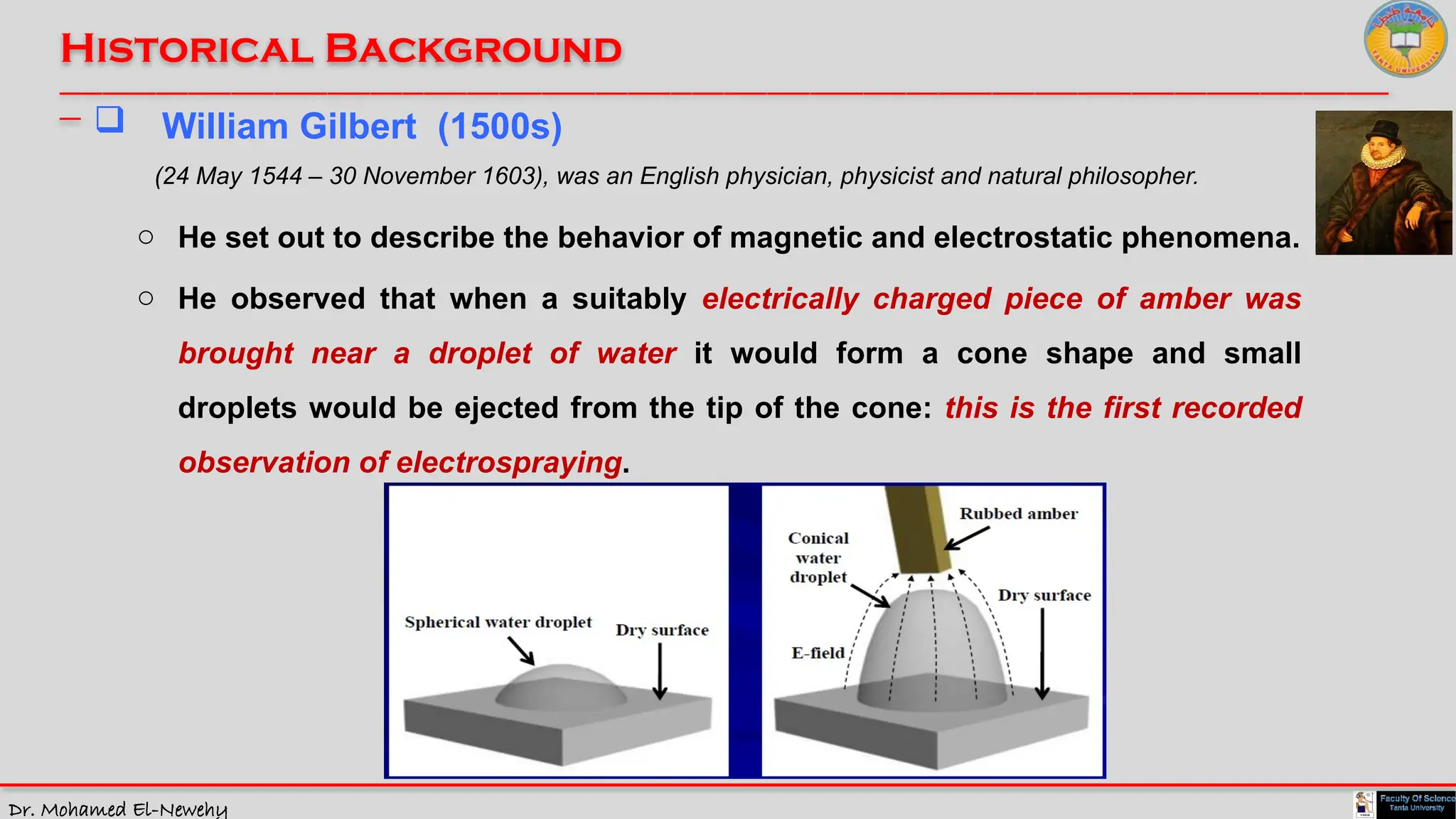 Dr. Mohamed El-Newehy
Historical Background
____________________________________________________________________________________________________________________________
__
 William Gilbert (1500s)
o He set out to describe the behavior of magnetic and electrostatic phenomena.
(24 May 1544 – 30 November 1603), was an English physician, physicist and natural philosopher.
o He observed that when a suitably electrically charged piece of amber was
brought near a droplet of water it would form a cone shape and small
droplets would be ejected from the tip of the cone: this is the first recorded
observation of electrospraying.
 
