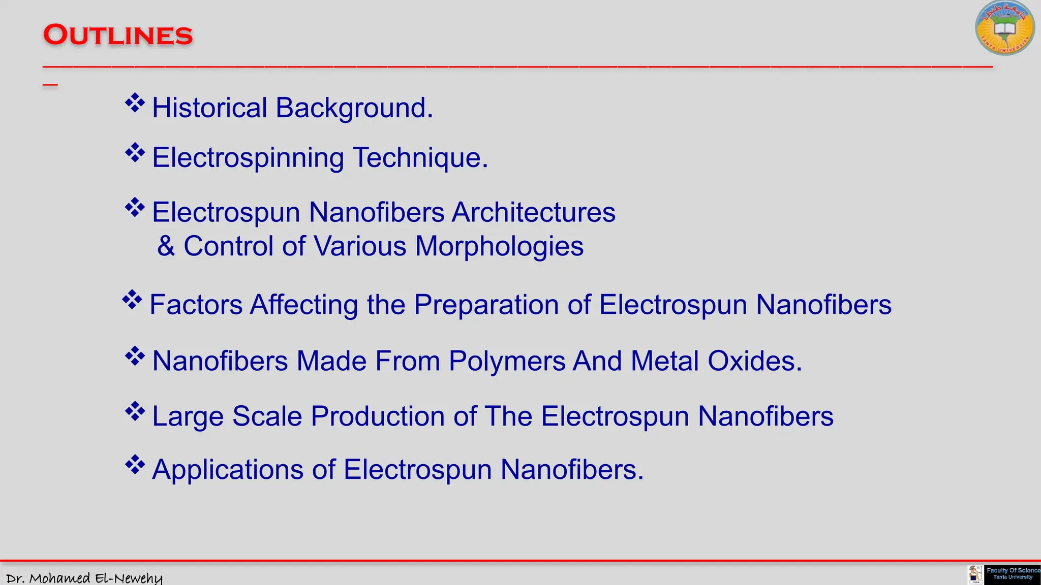 Dr. Mohamed El-Newehy
Outlines
____________________________________________________________________________________________________________________________
__
Electrospinning Technique.
Nanofibers Made From Polymers And Metal Oxides.
Factors Affecting the Preparation of Electrospun Nanofibers
Large Scale Production of The Electrospun Nanofibers
Applications of Electrospun Nanofibers.
Historical Background.
Electrospun Nanofibers Architectures
& Control of Various Morphologies
 