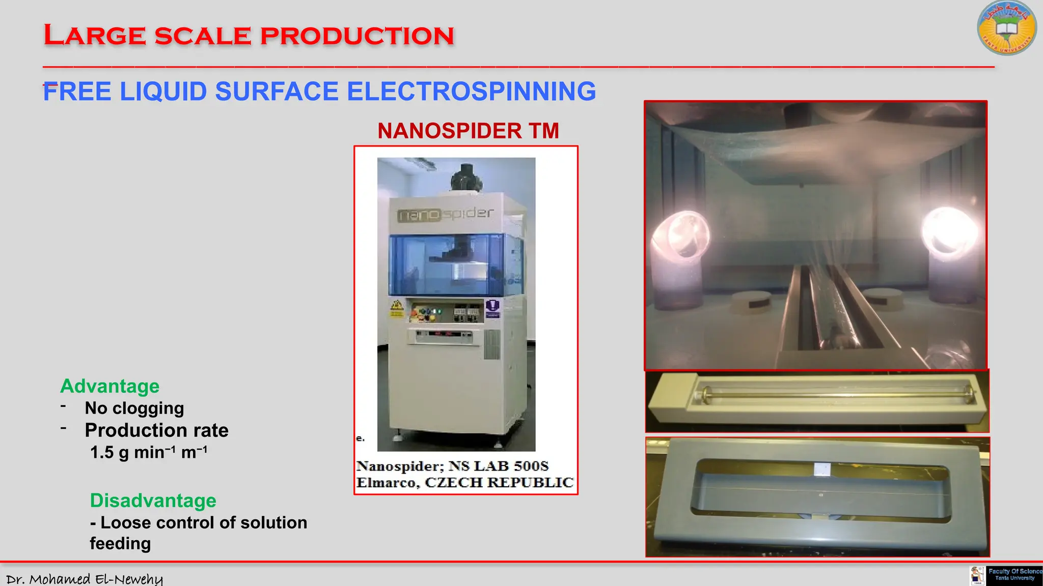 Dr. Mohamed El-Newehy
Large scale production
____________________________________________________________________________________________________________________________
__
NANOSPIDER TM
FREE LIQUID SURFACE ELECTROSPINNING
Advantage
- No clogging
- Production rate
1.5 g min−1
m−1
Disadvantage
- Loose control of solution
feeding
 