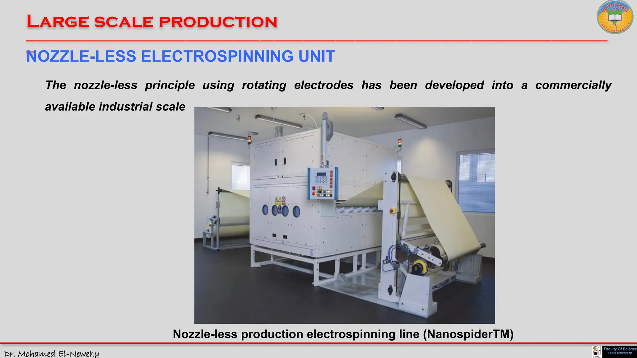 Dr. Mohamed El-Newehy
Large scale production
____________________________________________________________________________________________________________________________
__
Nozzle-less production electrospinning line (NanospiderTM)
The nozzle-less principle using rotating electrodes has been developed into a commercially
available industrial scale
NOZZLE-LESS ELECTROSPINNING UNIT
 