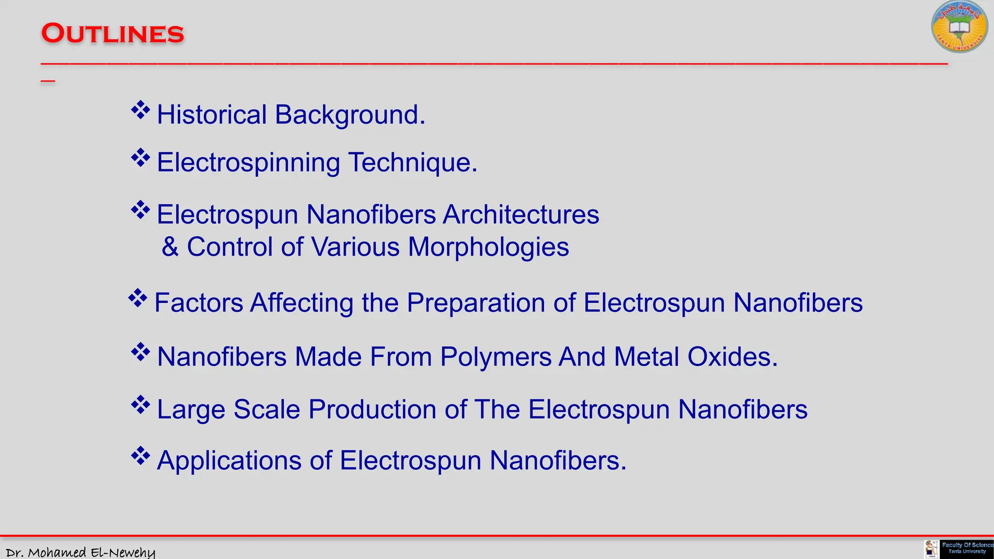 Dr. Mohamed El-Newehy
Outlines
____________________________________________________________________________________________________________________________
__
Electrospinning Technique.
Nanofibers Made From Polymers And Metal Oxides.
Factors Affecting the Preparation of Electrospun Nanofibers
Large Scale Production of The Electrospun Nanofibers
Applications of Electrospun Nanofibers.
Historical Background.
Electrospun Nanofibers Architectures
& Control of Various Morphologies
 