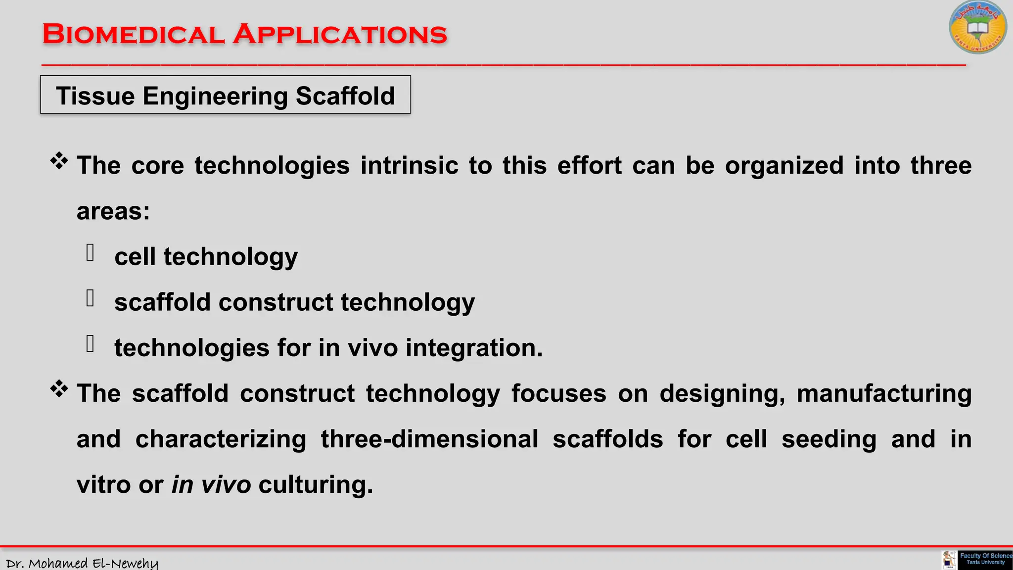 Dr. Mohamed El-Newehy
Biomedical Applications
____________________________________________________________________________________________________________________________
__
Tissue Engineering Scaffold
 The core technologies intrinsic to this effort can be organized into three
areas:
- cell technology
- scaffold construct technology
- technologies for in vivo integration.
 The scaffold construct technology focuses on designing, manufacturing
and characterizing three-dimensional scaffolds for cell seeding and in
vitro or in vivo culturing.
 