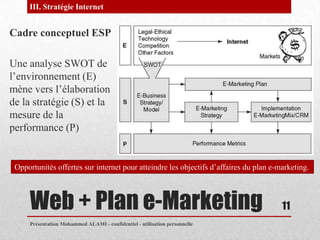 III. Stratégie Internet


Cadre conceptuel ESP

Une analyse SWOT de
l’environnement (E)
mène vers l’élaboration
de la stratégie (S) et la
mesure de la
performance (P)


 Opportunités offertes sur internet pour atteindre les objectifs d’affaires du plan e-marketing.



     Web + Plan e-Marketing                                                            11
     Présentation Mohammed ALAMI - confidentiel - utilisation personnelle
 