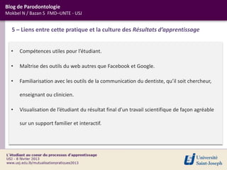 Blog de Parodontologie
Mokbel N / Bazan S FMD–UNTE - USJ


  5 – Liens entre cette pratique et la culture des Résultats d’apprentissage


  •   Compétences utiles pour l’étudiant.

  •   Maîtrise des outils du web autres que Facebook et Google.

  •   Familiarisation avec les outils de la communication du dentiste, qu’il soit chercheur,

      enseignant ou clinicien.

  •   Visualisation de l’étudiant du résultat final d’un travail scientifique de façon agréable

      sur un support familier et interactif.
 