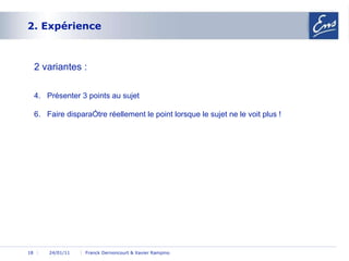 2. Expérience 24/01/11 Franck Dernoncourt & Xavier Rampino 2 variantes : Présenter 3 points au sujet Faire disparaître réellement le point lorsque le sujet ne le voit plus ! 