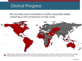 Global Progress
86 countries have mandates to fortify industrially milled
wheat flour with at least iron or folic acid.
FFI 2018
Afghanistan, Democratic Republic of Congo, Gambia, Lesotho, Namibia, Qatar, Swaziland, and the United
Arab Emirates fortify more than half their industrially milled wheat flour even though it is not mandatory.
 
