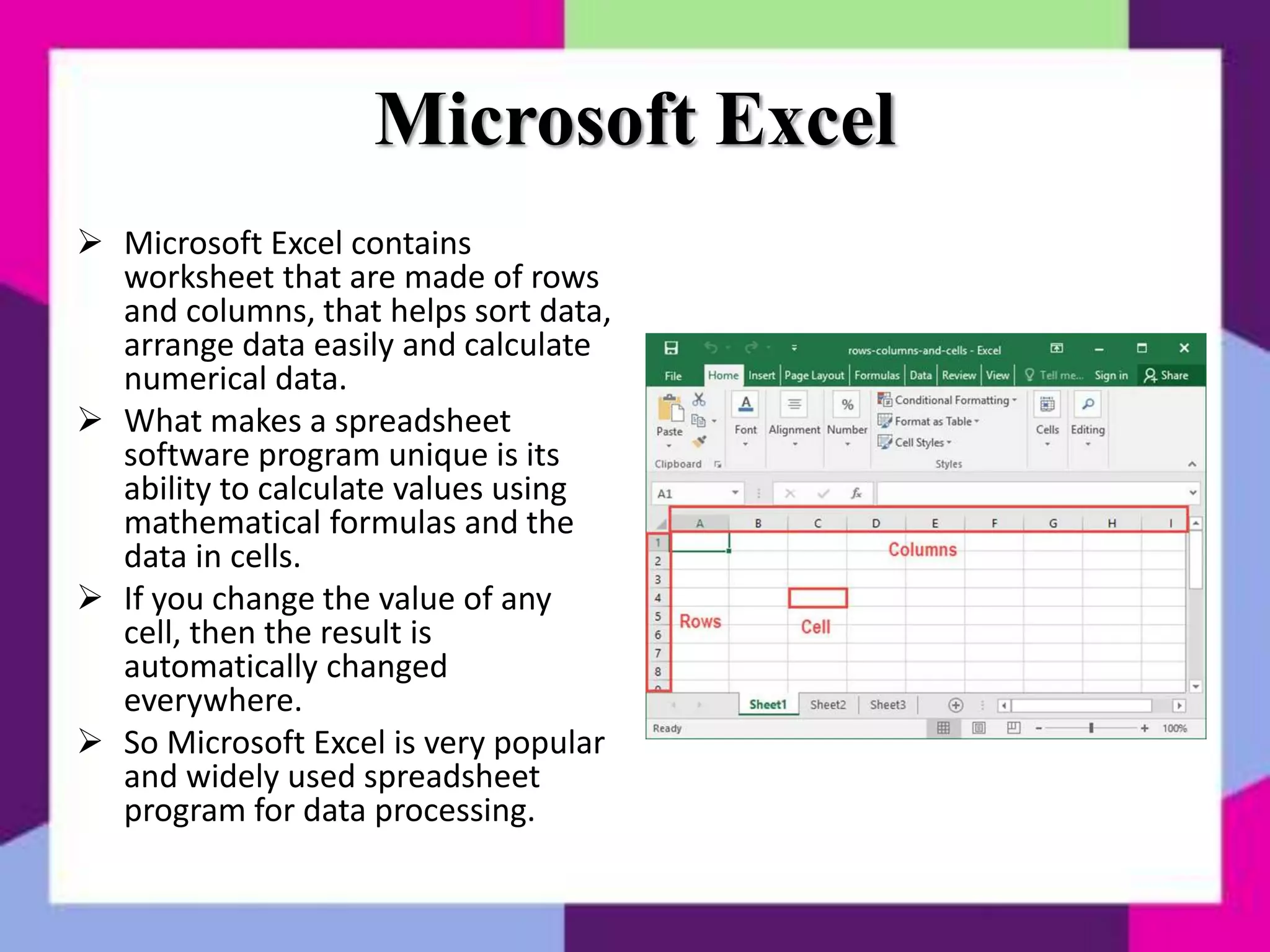 Microsoft Excel
 Microsoft Excel contains
worksheet that are made of rows
and columns, that helps sort data,
arrange data easily and calculate
numerical data.
 What makes a spreadsheet
software program unique is its
ability to calculate values using
mathematical formulas and the
data in cells.
 If you change the value of any
cell, then the result is
automatically changed
everywhere.
 So Microsoft Excel is very popular
and widely used spreadsheet
program for data processing.
 