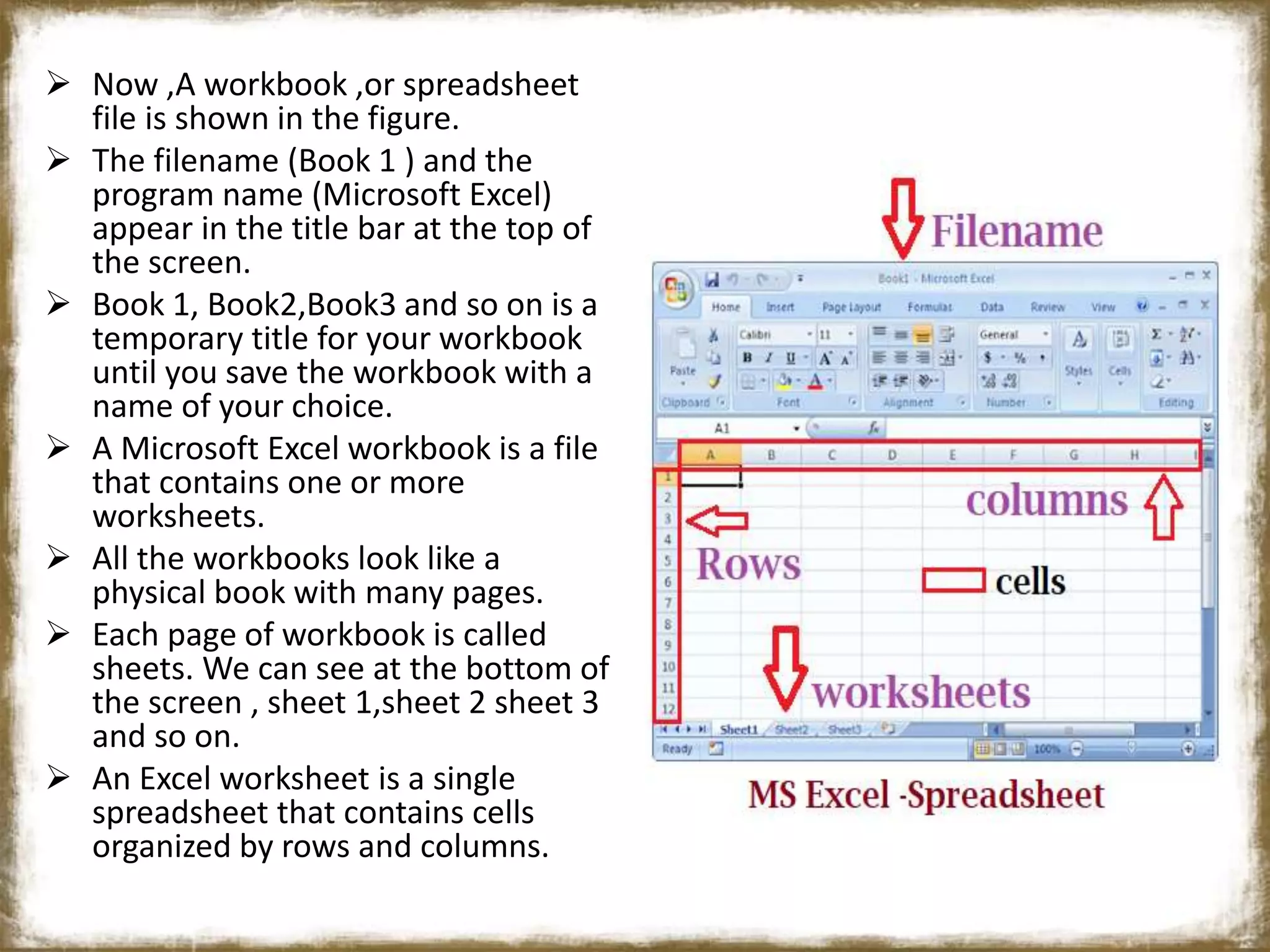  Now ,A workbook ,or spreadsheet
file is shown in the figure.
 The filename (Book 1 ) and the
program name (Microsoft Excel)
appear in the title bar at the top of
the screen.
 Book 1, Book2,Book3 and so on is a
temporary title for your workbook
until you save the workbook with a
name of your choice.
 A Microsoft Excel workbook is a file
that contains one or more
worksheets.
 All the workbooks look like a
physical book with many pages.
 Each page of workbook is called
sheets. We can see at the bottom of
the screen , sheet 1,sheet 2 sheet 3
and so on.
 An Excel worksheet is a single
spreadsheet that contains cells
organized by rows and columns.
 