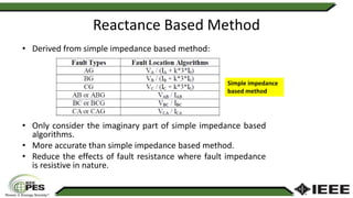 Reactance Based Method
• Derived from simple impedance based method:
• Only consider the imaginary part of simple impedance based
algorithms.
• More accurate than simple impedance based method.
• Reduce the effects of fault resistance where fault impedance
is resistive in nature.
Simple impedance
based method
 