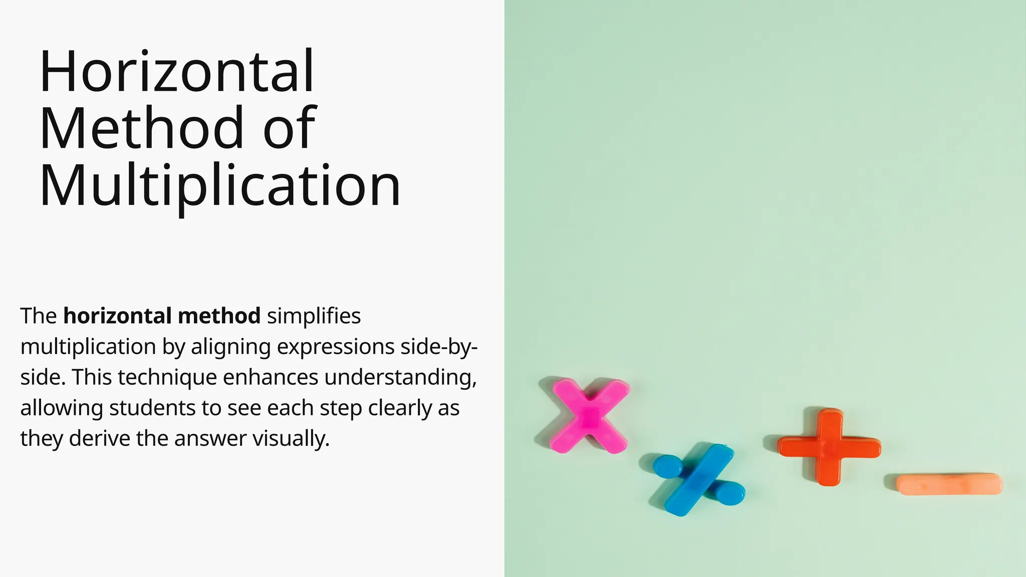 Horizontal
Method of
Multiplication
The horizontal method simplifies
multiplication by aligning expressions side-by-
side. This technique enhances understanding,
allowing students to see each step clearly as
they derive the answer visually.
 