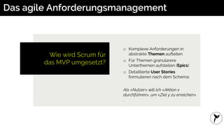 Das agile Anforderungsmanagement
Wie wird Scrum für
das MVP umgesetzt?
o Komplexe Anforderungen in
abstrakte Themen aufteilen
o Für Themen granularere
Unterthemen aufstellen (Epics)
o Detaillierte User Stories
formulieren nach dem Schema:
Als <Nutzer> will ich <Aktion x
durchführen>, um <Ziel y zu erreichen>
.
 