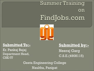 Submitted To:-                   Submitted by:-
Er. Pankaj Bajaj                 Neeraj Garg
Department Head,
                                 C.S.E.(4908115)
CSE/IT
             Geeta Engineering College
                  Naultha, Panipat
 