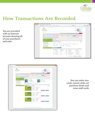 www.ormita.com
How Transactions Are Recorded
You are provided
with an internet
account showing all
of your purchases
and sales
You can order new
cards, cancel cards, set
purchase limits and
issue staff cards
 