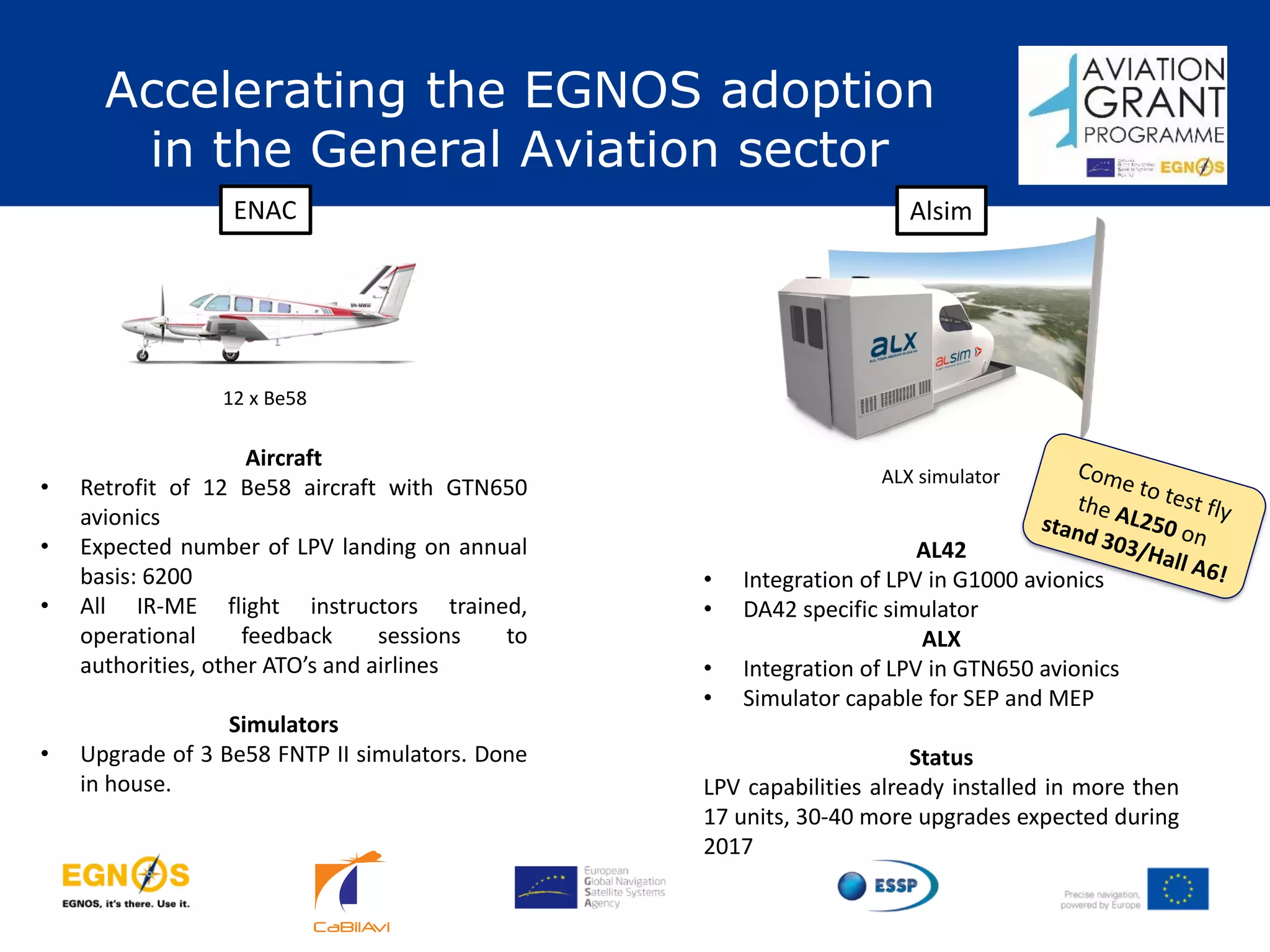 AL42
• Integration of LPV in G1000 avionics
• DA42 specific simulator
ALX
• Integration of LPV in GTN650 avionics
• Simulator capable for SEP and MEP
Status
LPV capabilities already installed in more then
17 units, 30-40 more upgrades expected during
2017
ENAC
12 x Be58
Aircraft
• Retrofit of 12 Be58 aircraft with GTN650
avionics
• Expected number of LPV landing on annual
basis: 6200
• All IR-ME flight instructors trained,
operational feedback sessions to
authorities, other ATO’s and airlines
Simulators
• Upgrade of 3 Be58 FNTP II simulators. Done
in house.
Alsim
ALX simulator
Accelerating the EGNOS adoption
in the General Aviation sector
 