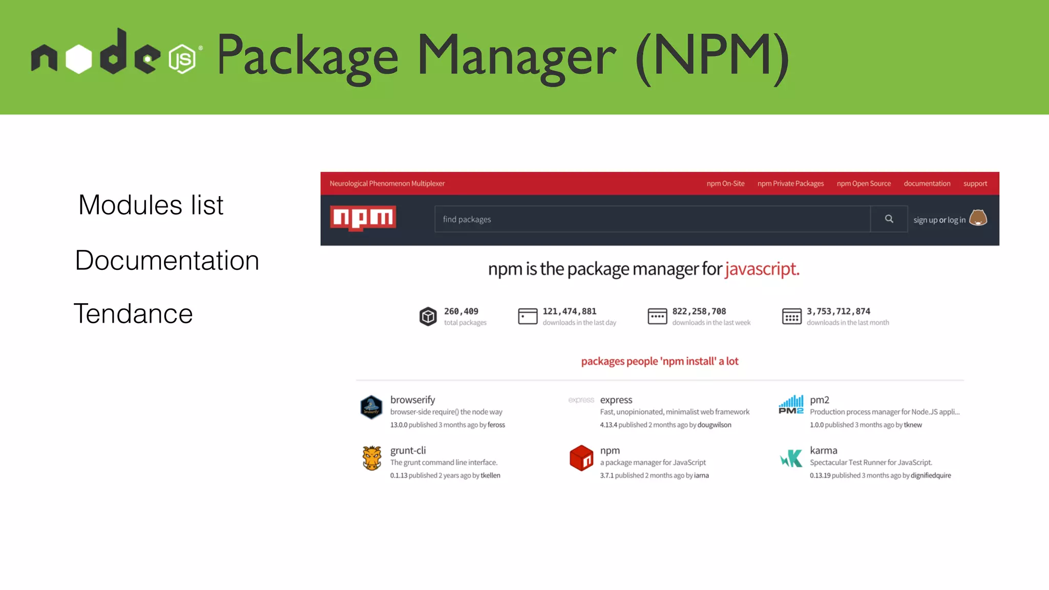 Package Manager (NPM)
Modules list
Documentation
Tendance
 