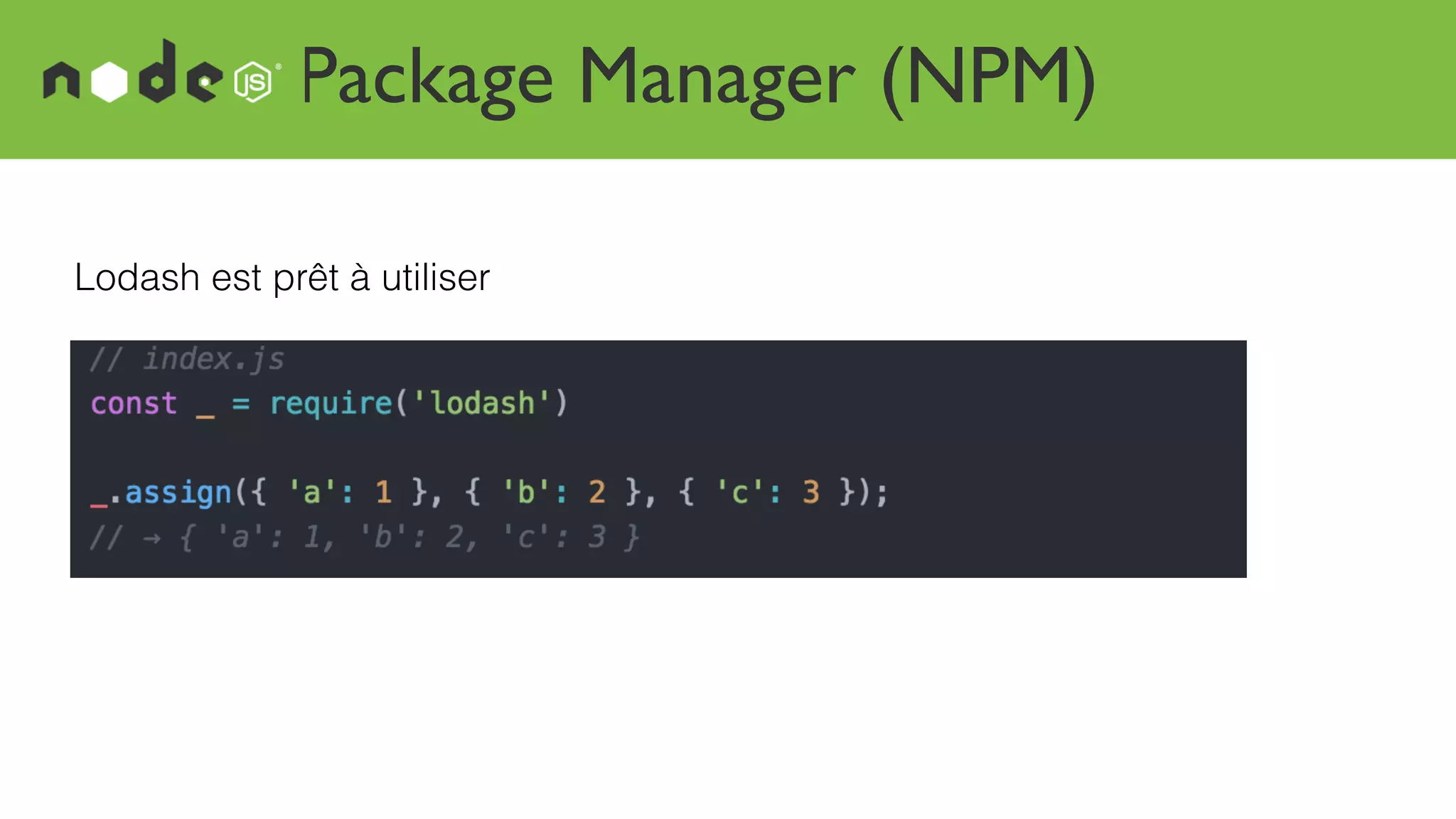 Package Manager (NPM)
Lodash est prêt à utiliser
 