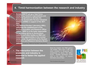 •  The interaction between the
academic and industry is
essential to fasten the applied
research
Since its creation, the PNB gathers
160 entities. More than 3 000 jobs
were created in Burgundy and
investments of above 700 Million
Euros. Nuclear represents 12,000
jobs in the region, 70 square
kilometers around Dijon
Pole Nucléaire Bourgogne
4.  Timid harmonization between the research and industry
•  Europe SNETP set up a Task Force
comprising research organizations and
industrial partners to develop the
European Sustainable Nuclear Industrial
Initiative (ESNII) in support of the SET-
Plan.
•  The National Nuclear Laboratory (NNL)
welcomes the establishment of the
Nuclear Innovation and Research Office
(NIRO). NIRO is is the body responsible
for providing advice to Government,
industry and other bodies on R&D and
innovation opportunities in the nuclear
sector under the guidance of the Nuclear
Innovation and Research Advisory Board
(NIRAB) Snept.eu, National Nuclear Laboratories
 