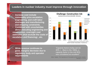 •  While revenue continues to
grow, margins decrease due to
regulatory body and operator
requirements
“Capacity factors today can be
90% +. Back in the 1980s, a
capacity factor in the mid 80%
was considered as excellent”	
Milton Caplan, The Importance of Innovation to the Nuclear Industry
February 14, 2014	
•  Increase cost include
commodity price escalation,
engineering, and craft labor
shortages and manufacturing
and shipping constraints.
•  Combined with uncertainties
about executing engineering and
construction, overnight cost
estimates (that exclude the costs of
escalation and financing) , etc.
World Nuclear Association, Nucleonics	
Leaders in nuclear industry must improve through innovation
 