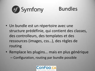 ActionUnerequêteestreçue par le front controller de SymfonyLe routing déterminequelle action estappeléeL’actionestexécutéeL’actionretourneuneréponseEn un mot, Symfonyest en charge de convertirunerequête en réponse.