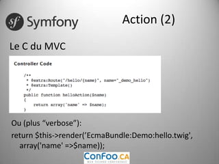 TwigLe V du MVCTemplate engineInspiré de Jinja, template engine PythonRapide, car compilé en PHPSupportel’héritagePas obligatoire avec Symfony 2