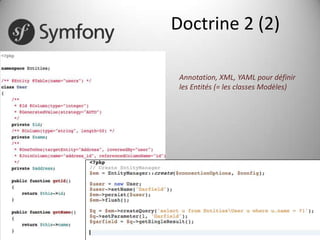 TestsPHPUnit +classeWebTestCase + le Crawler ComponentPermet de:simuler des requêtes HTTP, Faire des “back”,  Soumettre des formulaires…http://symfony.com/doc/2.0/book/testing.html#the-test-client